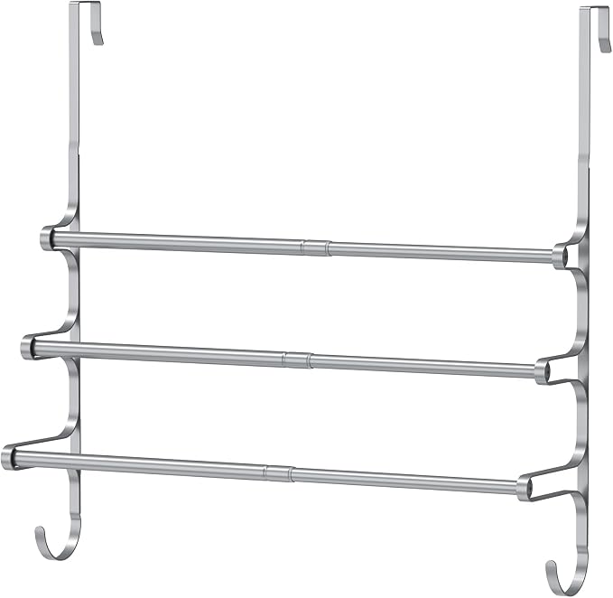 CANYAVE Over The Door Towel Rack, Extendable Triple Towel Storage Holder with Hooks, 24.02 Inches Towel Bar Hanger Towel Racks for Bathroom (Silver)