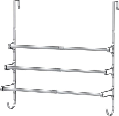 CANYAVE Over The Door Towel Rack, Extendable Triple Towel Storage Holder with Hooks, 24.02 Inches Towel Bar Hanger Towel Racks for Bathroom (Silver)