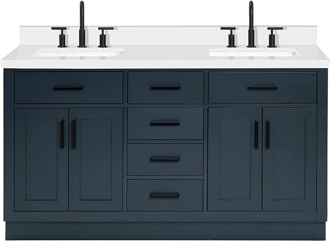 ARIEL Hepburn 60-inch Bathroom Vanity with Sink,Solid Wood, 1.5-inch Pure White Quartz Countertop, Double Rectangular Porcelain Sink, 4 Soft Closing Doors, 6 Dovetail Drawers, Midnight Blue