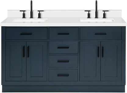 ARIEL Hepburn 60-inch Bathroom Vanity with Sink,Solid Wood, 1.5-inch Pure White Quartz Countertop, Double Rectangular Porcelain Sink, 4 Soft Closing Doors, 6 Dovetail Drawers, Midnight Blue