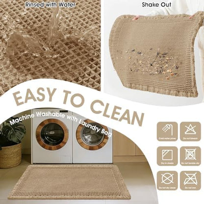 Upgraded Waffle Bath Mat Set 2 Piece Beige-Bordered, Super Absorbent Non-Slip Quick Dry Bathroom Rugs with Tassels, Machine Washable Ultra Soft Boho Bath Rugs for Floor, Bath Mats Boho Farmhouse Decor