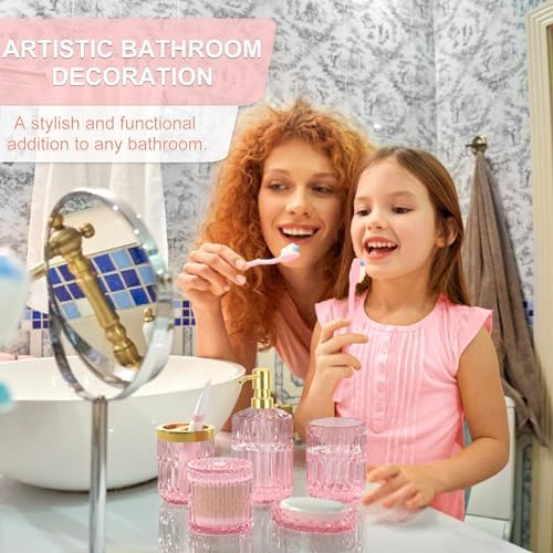 Pink Bathroom Accessories Set, 5Pcs Clear Glass Pink Bathroom Decor with Lotion Soap Dispenser, Soap Dish, Tumbler, Cotton Swab Jar, Toothbrush Holder for Bathrooms Set Modern Crystal Vintage Gift