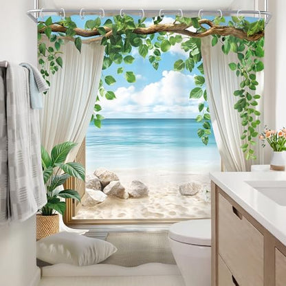 Ocean Coastal Blue Sea Beach Beachy Tropical Bathroom Shower Curtain Set
