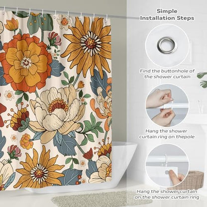 Orange Boho Floral Shower Curtain for Bathroom 72 x 72 inch