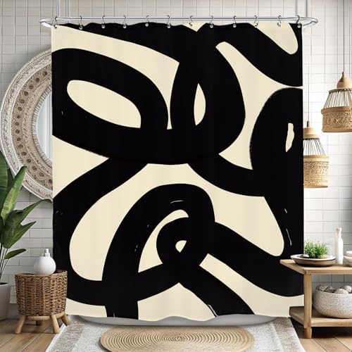 Abstract Black Beige Shower Curtain 60Wx72L Inch Modern Minimalist Contemporary Geometric Line Neutral Simple Bathroom Set Accessories Decor with 12 Pack