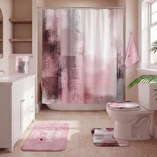 Honoson 8 Pcs Pink and Grey Bathroom Decor Set with Shower Rug and Curtain