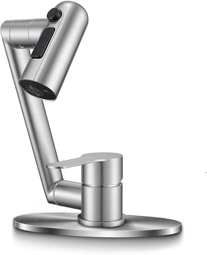Single Handle Bathroom Faucet, 1080° Swivel Rotatable Faucet with 6'' Deck Plate, Short Bath Sink Faucets for Kitchen Rv Bath Lavatory Sink 1 or 3 Hole, Brushed Nickel