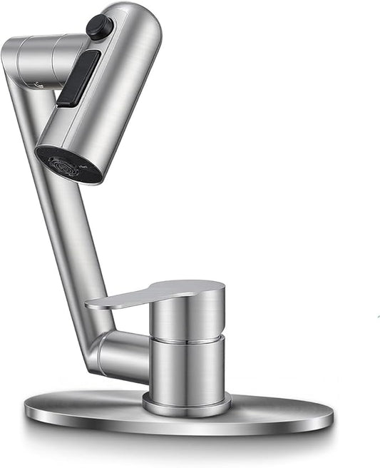 Single Handle Bathroom Faucet, 1080° Swivel Rotatable Faucet with 6'' Deck Plate, Short Bath Sink Faucets for Kitchen Rv Bath Lavatory Sink 1 or 3 Hole, Brushed Nickel