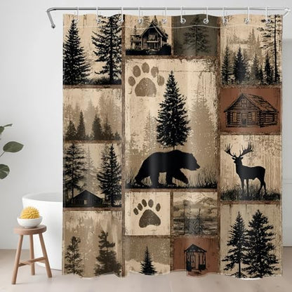Rustic Cabin Patchwork Shower Curtain for Bathroom, Wild Animal Bear and Deer Brown Vintage Plaid Woodland Lodge Shower Curtain Country Bathroom Decor Accessories with Hooks, 60W X 72L inches