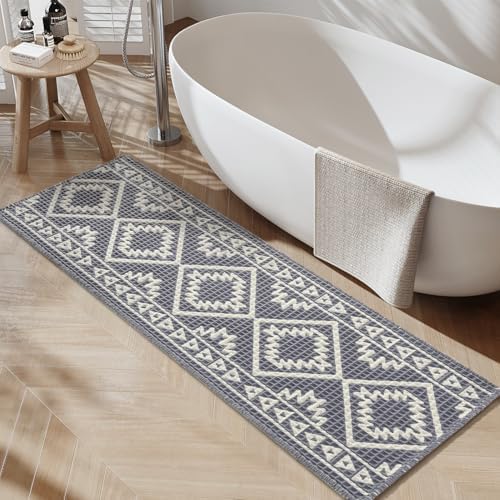 PADOOR-Waffle Bathroom Runner 24"x72", Super Absorbent Bath Mats for Bathroom, Machine Washable Non Slip Bath Rug with Tassels, Soft Bath Mat for Laundry Room, Bedroom, Grey & Cream, 2'x 6'