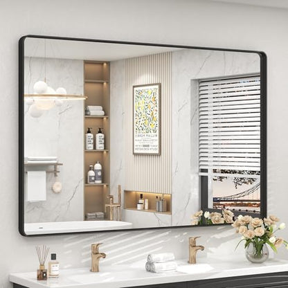 55x40 Inch Black Metal Framed Bathroom Mirror for Wall