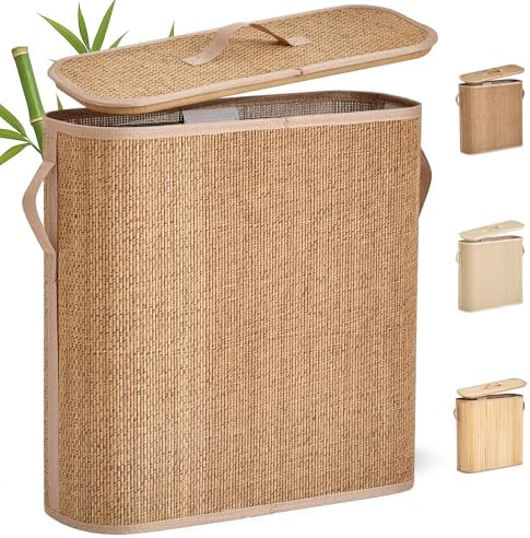 Bamboo Toilet Paper Storage Basket with Lid & Handle - 32L Large Capacity Handwoven Bathroom Organizer for 16 Rolls - Sturdy Stand Holder for Toilet Paper Organization, Carbon Brown