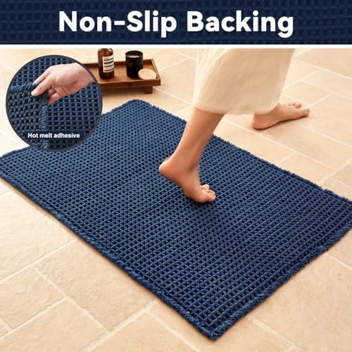 Triohero Waffle Runner Rug Bathroom, Long Boho Bath Mat, 24x72 Navy Blue