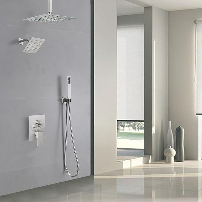 Shower Faucet Set Brushed Nickel 12 Inch Ceiling Mount Rainfall Shower System with 2 Rain Shower Head and Handheld Head Push Button Diverter Shower Trim Kit and Rough-in Valve Body