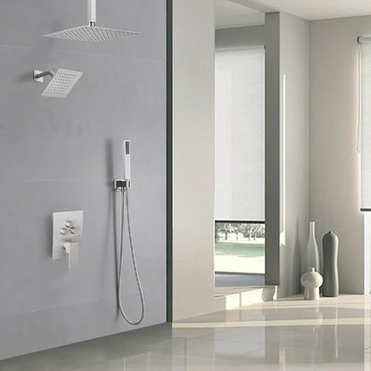 Shower Faucet Set Brushed Nickel 12 Inch Ceiling Mount Rainfall Shower System with 2 Rain Shower Head and Handheld Head Push Button Diverter Shower Trim Kit and Rough-in Valve Body