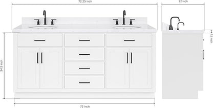 ARIEL Hepburn 72-inch Bathroom Vanity with Sink,Solid Wood, 1.5-inch Carrara White Quartz Countertop & Backsplash, Double Oval Porcelain Sink, 4 Soft Closing Doors, 6 Dovetail Drawers, White
