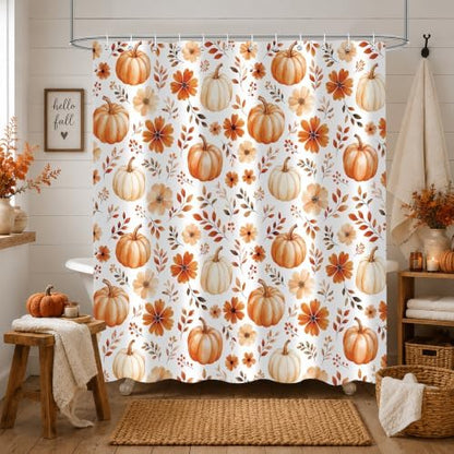 Fall Pumpkin Shower Curtain, Floral Autumn Bathroom Decor, 72 x 72