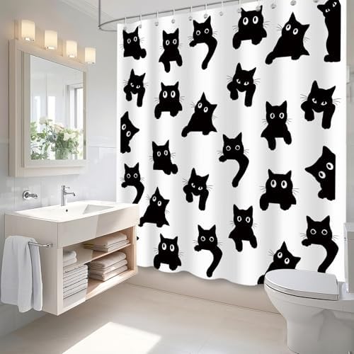 APROPHIC Cute Cat Shower Curtain 72x72 Inches, Funny Black Kitten Pattern Waterproof Polyester Bathroom Decor for Bathtub, Machine Washable Privacy Curtain for Bathroom, Bedroom with 12 Hooks