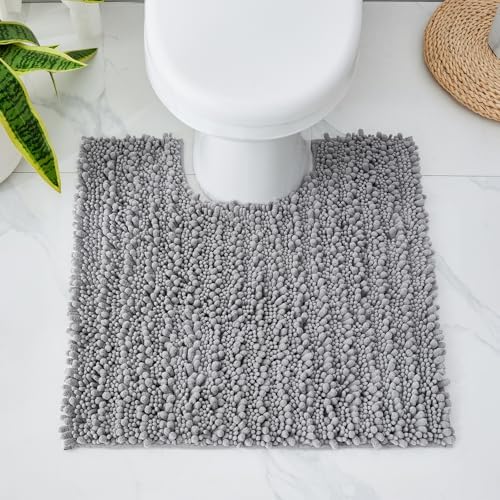 Disolla Toilet Rug 24x24 Inch - Grey U-Shaped Bathroom Floor Mat, Soft Shaggy Plush Absorbent Chenille Contour Rug, Non-Slip Washable Pedestal Base Rug