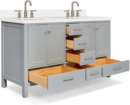 ARIEL Cambridge 60-inch Bathroom Vanity with Sink,Solid Wood, 1.5-inch Pure White Quartz Countertop & Backsplash, Double Rectangular Porcelain Sink, 4 Soft Closing Doors, 6 Dovetail Drawers, Grey
