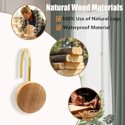 Shower Curtain Hooks, Wood Decorative Shower Curtain Rings, Modern Round Log Shower Curtain Hangers, 12PCS Shower Hooks for Shower Curtain Rod, Bedroom, Living Room (Gold 2)