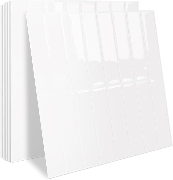 MORCART 10PCS 11.8"x11.8" Peel and Stick Backsplash, Bright White | 3D Adhesive Waterproof Wall Tiles for Kitchen, Bathroom, Living Room, Laundry Room, Subway Tiles