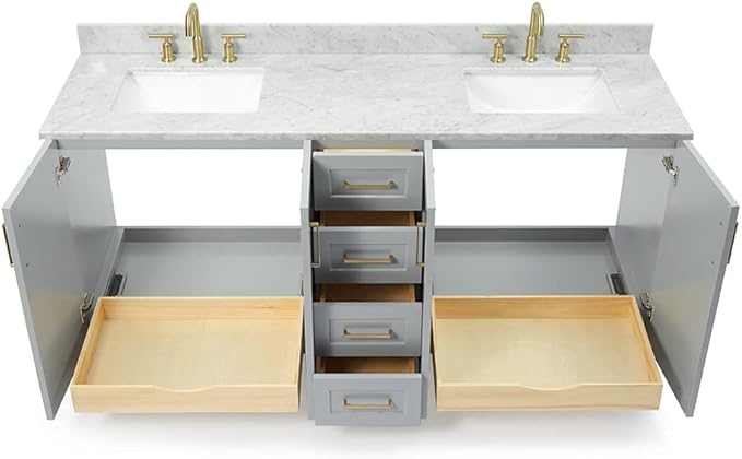 ARIEL Taylor 72-inch Bathroom Vanity with Sink,Solid Wood, 0.75-inch Italian Carrara Marble Countertop, Double Rectangular Porcelain Sink, 4 Soft Closing Doors, 6 Dovetail Drawers, Grey