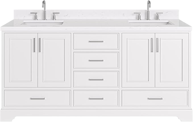 ARIEL Stafford 72-inch Bathroom Vanity with Sink,Solid Wood, 1.5-inch Carrara White Quartz Countertop, Double Rectangular Porcelain Sink, 4 Soft Closing Doors, 6 Dovetail Drawers, White