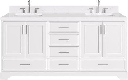 ARIEL Stafford 72-inch Bathroom Vanity with Sink,Solid Wood, 1.5-inch Carrara White Quartz Countertop, Double Rectangular Porcelain Sink, 4 Soft Closing Doors, 6 Dovetail Drawers, White