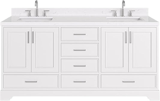 ARIEL Stafford 72-inch Bathroom Vanity with Sink,Solid Wood, 1.5-inch Carrara White Quartz Countertop, Double Rectangular Porcelain Sink, 4 Soft Closing Doors, 6 Dovetail Drawers, White