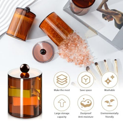 4 Pcs Acrylic Qtip Holder, Cotton Ball Holder Jars with Lids, Brown