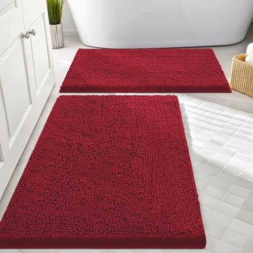 Smiry Chenille Bathroom Rugs Sets 2 Piece (30x20+24x16, Red)