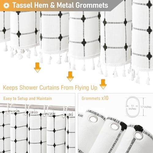 BTTN 60x72 Boho Farmhouse Linen Heavy Duty Shower Curtain, White and Black