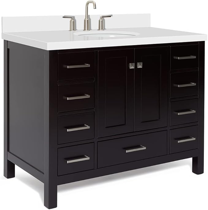 ARIEL Cambridge 42-inch Bathroom Vanity with Sink,Solid Wood, 1.5-inch Pure White Quartz Countertop & Backsplash, Single Oval Porcelain Sink, 2 Soft Closing Doors, 9 Dovetail Drawers, Espresso