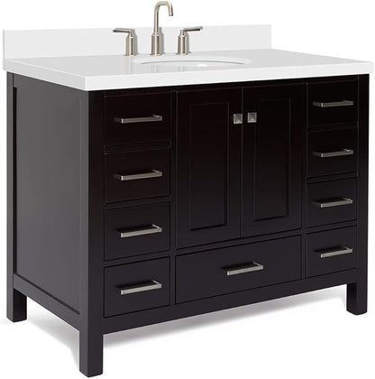 ARIEL Cambridge 42-inch Bathroom Vanity with Sink,Solid Wood, 1.5-inch Pure White Quartz Countertop & Backsplash, Single Oval Porcelain Sink, 2 Soft Closing Doors, 9 Dovetail Drawers, Espresso