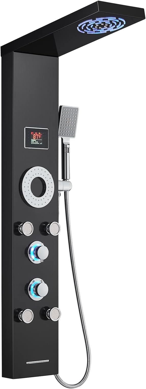 LED Shower Panel Tower System, 304 Stainless Steel Bathroom Shower Tower with 3 Body Massage Jets, Shower Column Wall Mounted