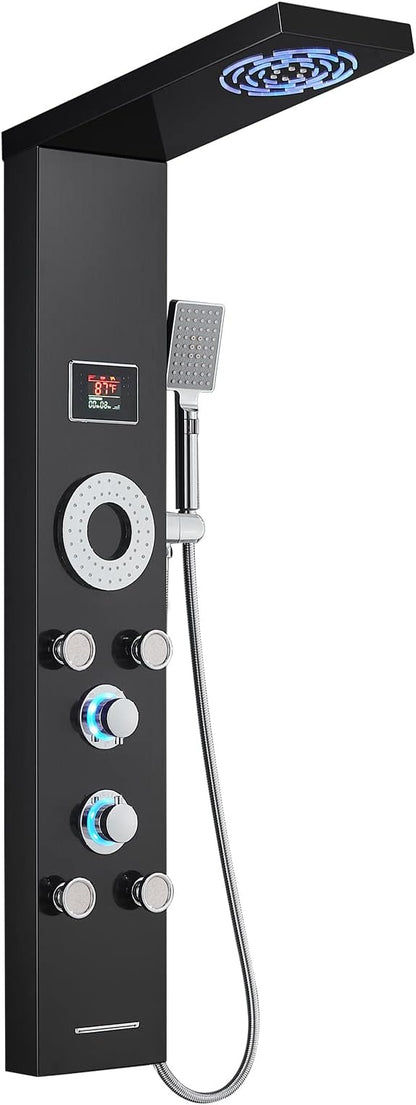 LED Shower Panel Tower System, 304 Stainless Steel Bathroom Shower Tower with 3 Body Massage Jets, Shower Column Wall Mounted