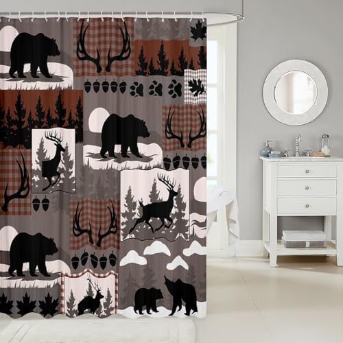 Rustic Plaid Shower Curtains Lodge Cabin Bear Bathroom Curtain for Kids Women Men Country Elk Moose Bathroom Accessories Woodland Grey Brown Waterproof Polyester Fabric for Stalls Bathtubs 72"x72"