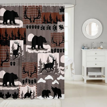Rustic Plaid Shower Curtains Lodge Cabin Bear Bathroom Curtain for Kids Women Men Country Elk Moose Bathroom Accessories Woodland Grey Brown Waterproof Polyester Fabric for Stalls Bathtubs 72"x78"