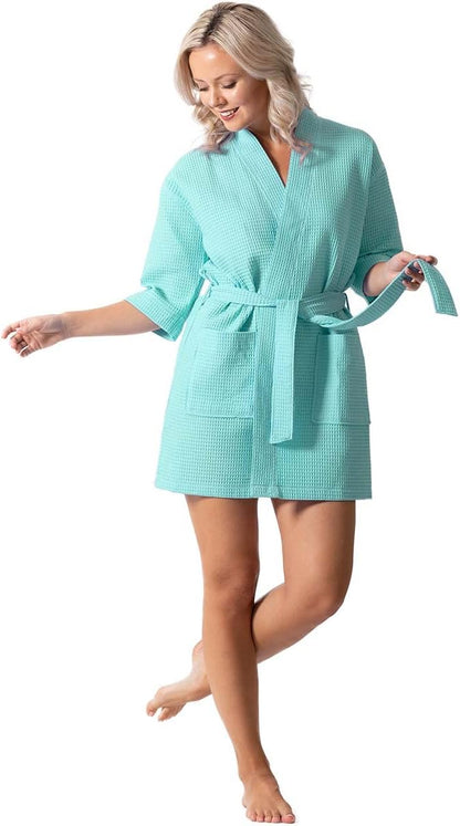 Lightweight Waffle Knit Bath, Spa & Bridesmaids Kimono Short Robes for Women - Quick Dry & Soft