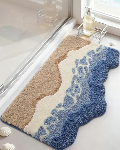 DEXI Cute Bath Mat, Sea Ocean Wave Bathroom Rugs, 34x21 Blue