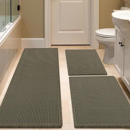 IM HOME Waffle Bath Mat Set 3 Piece Olive Green,Woven Modern Bath Rug Mats, Absorbent Non Slip Bath Floor Mat, Soft Washable Boho Bath Rugs with Tassels for Bathroom, Bedroom, Kitchen,Tub