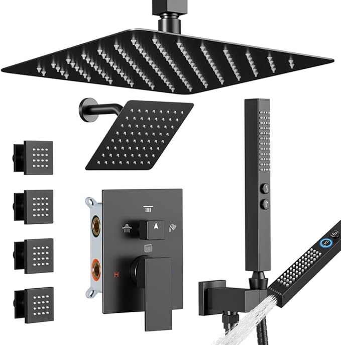 Shower System with Body Jets Matte Black, STARBATH 4 Way 12+6" Shower Faucet Sets Complete with 2 in 1 Handheld,Ceiling Mounted Rainfall Dual Shower Head with 4 Body Spray Jets, Shower Jets System