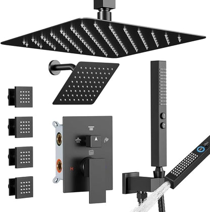 Shower System with Body Jets Matte Black, STARBATH 4 Way 12+6" Shower Faucet Sets Complete with 2 in 1 Handheld,Ceiling Mounted Rainfall Dual Shower Head with 4 Body Spray Jets, Shower Jets System