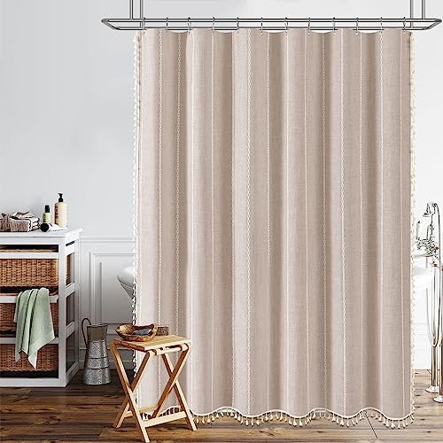 BTTN 54x78 Boho Farmhouse Linen Heavy Duty Shower Curtain Set, Tan/Taupe