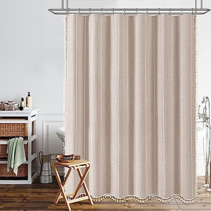 BTTN 72x96 Extra Long Boho Linen Heavy Duty Shower Curtain Set, Tan/Taupe