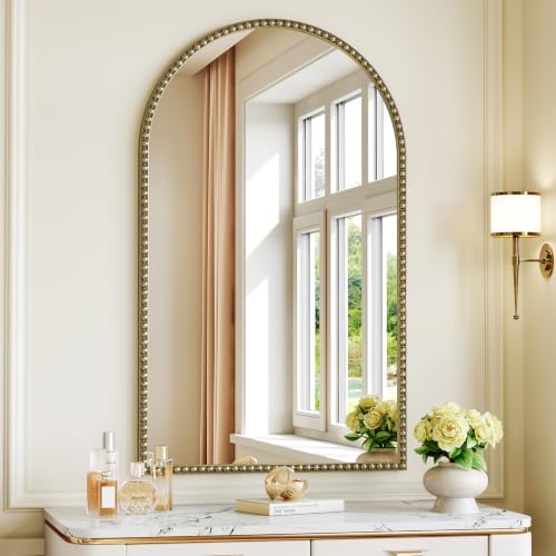 Champagne Bronze Mirror for Bathroom, 24"x40" Arched Beaded Mirror