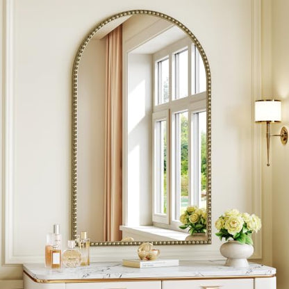 Champagne Bronze Mirror for Bathroom, 24"x40" Arched Beaded Mirror