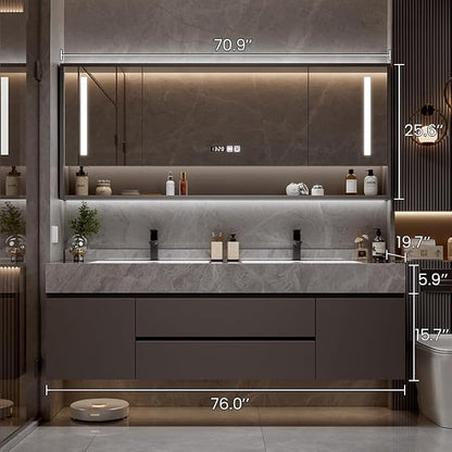 76" Modern Bathroom Vanity Double Sink with Seamless Quartz Countertop, Ceramic Undermount Basins & Storage Mirror, LED Anti-Fog, Time Temperature Display, for Bathroom Storage Organization