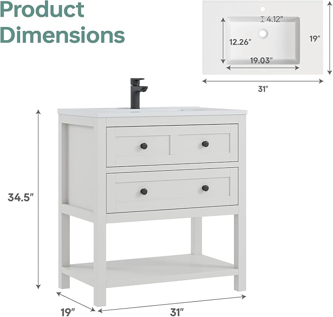 30 Inch Bathroom Vanity with Sink, White | Farmhouse Storage Cabinet with SMC Integrated Sink, Drawers & Open Storage Shelf, Easy Assembly & Adjustable Feet